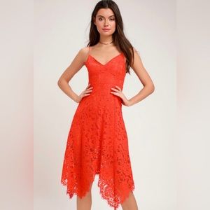 Lulu’s One Wish Orange Lace Midi Dress